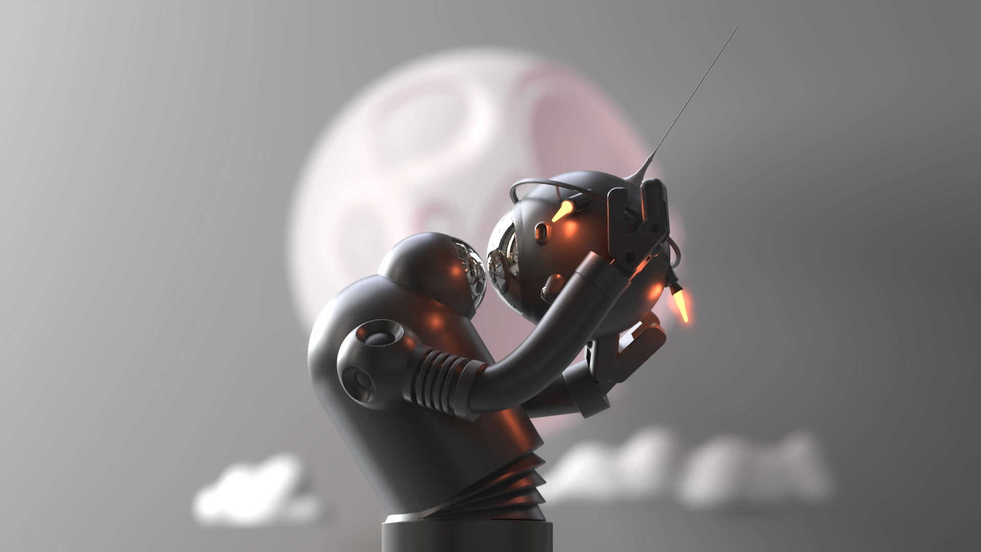 A 3D model of a playful robot designed in Womp, ready for animation