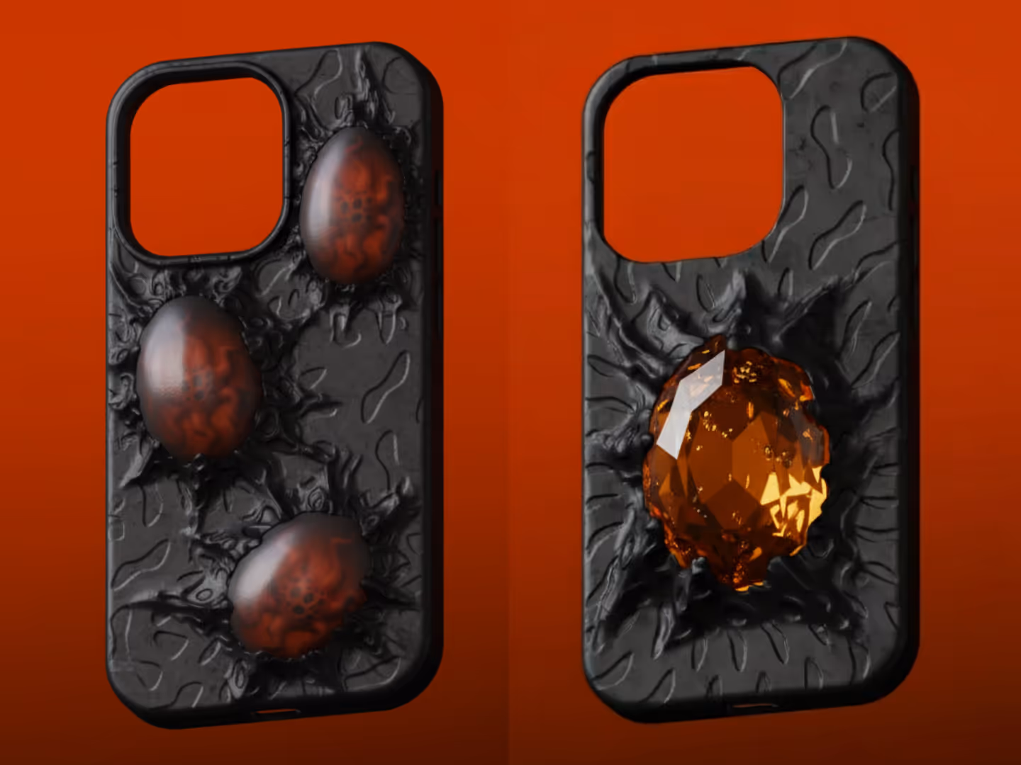 Two black phone cases with textured surfaces, one featuring three red oval shapes and the other a large amber gemstone, both against an orange background.